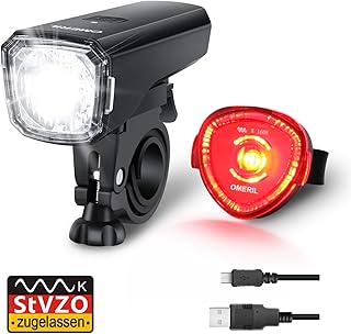 Fahrradlicht Set, OMERIL Fahrrad Licht StVZO Zugelassen Fahrradbeleuchtung LED Wasserdicht USB Aufladbar Fahrradlichter Fahrradlampe mit Frontlicht und Rücklicht (Rotlicht)