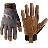 HANDLANDY Leather Work Gloves Mens & Women, Utility Safety Mechanic Working Gloves Touch Screen, Flexible Breathable Yard Work Gloves (Large, Brown-Cowhide Palm)