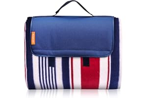 Michael Josh Large Outdoor Picnic Blanket, Water-Resistant Handy Mat Tote, Soft Fleece Material Camping Tote Mat Great for Beach Camping Travelling on Grass Sandproof (79" X 79", Navy and Red Stripes)