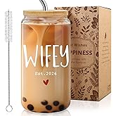 Wifey Glass Cup for Wife - 2026 Can Glass with Bamboo Lid & Straw, 16oz Bridal Shower & Bachelorette Party Gift, Idea Gift for Christmas Marriage Birthday Anniversary Valentine, Gifts for Women -m5