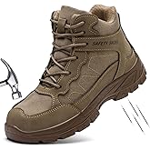 MOFEELE Steel Toe Work Boots for Men, High Top Composite Toe Safety Boots, Ultra-fiber & Canvas Upper, Lace-up, Indestructible Construction Industrial Safety Shoes Brown