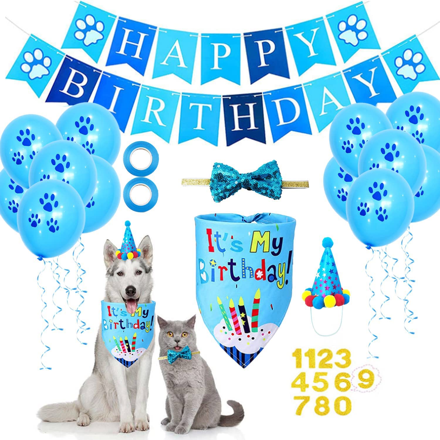 SUOXU Dog Birthday Party Supplies, Dog Bandana Hat Bow Tie Number,Cute Boy Girl Pet Outfit Triangle Scarf for Small Medium Cat Dog Party Cake Gift Decoration Set