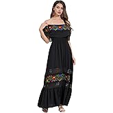 Women Mexican Dress Off Shoulder Floral Embroidered Long Maxi Dress Summer Beach Party Cinco de Mayo Dresses