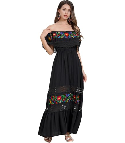 Mexican Dress for Women Off Shoulder Floral Print Long Maxi Dress Summer Cinco de Mayo Party Dresses with Belt Black M at Amazon Women's Clothing store