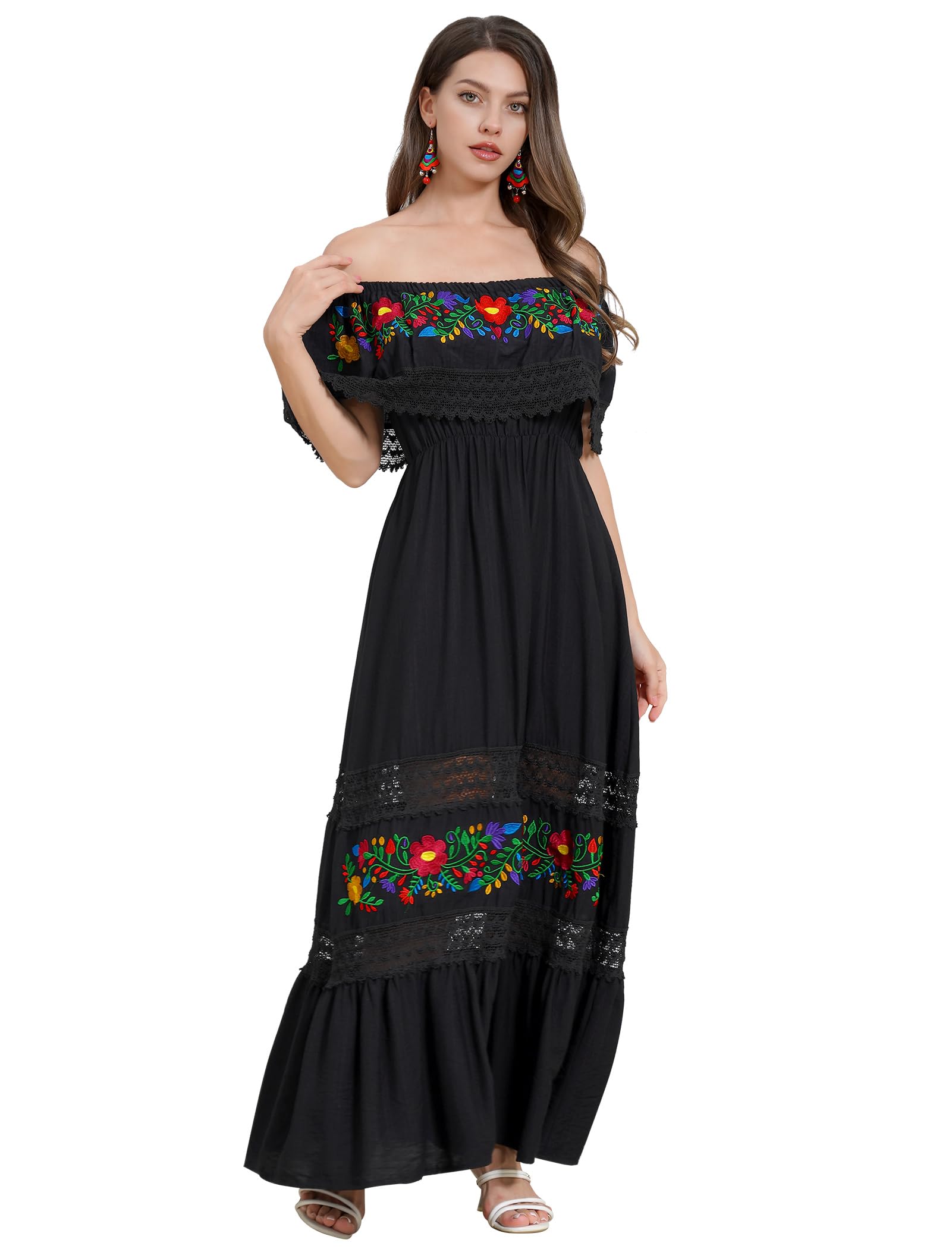 Photo 1 of ABEWIP Mexican Dress for Women Floral Embroidery Maxi Off-Shoulder Ruffle Sleeveless Traditional Fiesta Dresses Black S