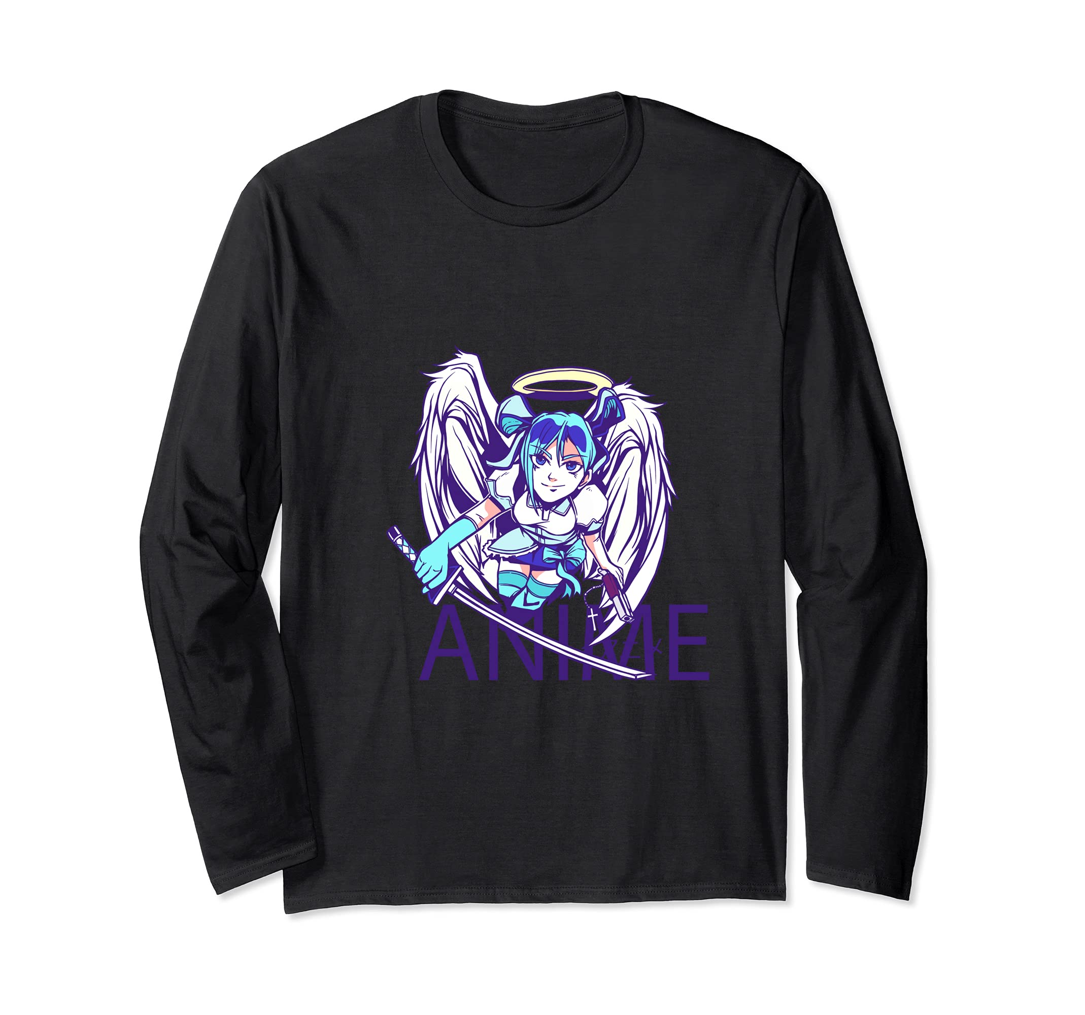 Anime Angel Warrior Girl Classic Retro Sword Gun Halo Long Sleeve T-Shirt