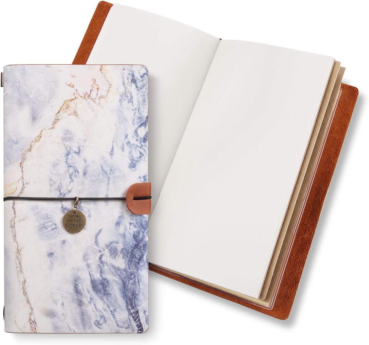Refillable Travelers Notebook Handmade Vegan Leather Travel Journal for Journal Writing Personalized Travel Journal for Men and Women 8.6"x 4.9” Inch Blue Marble