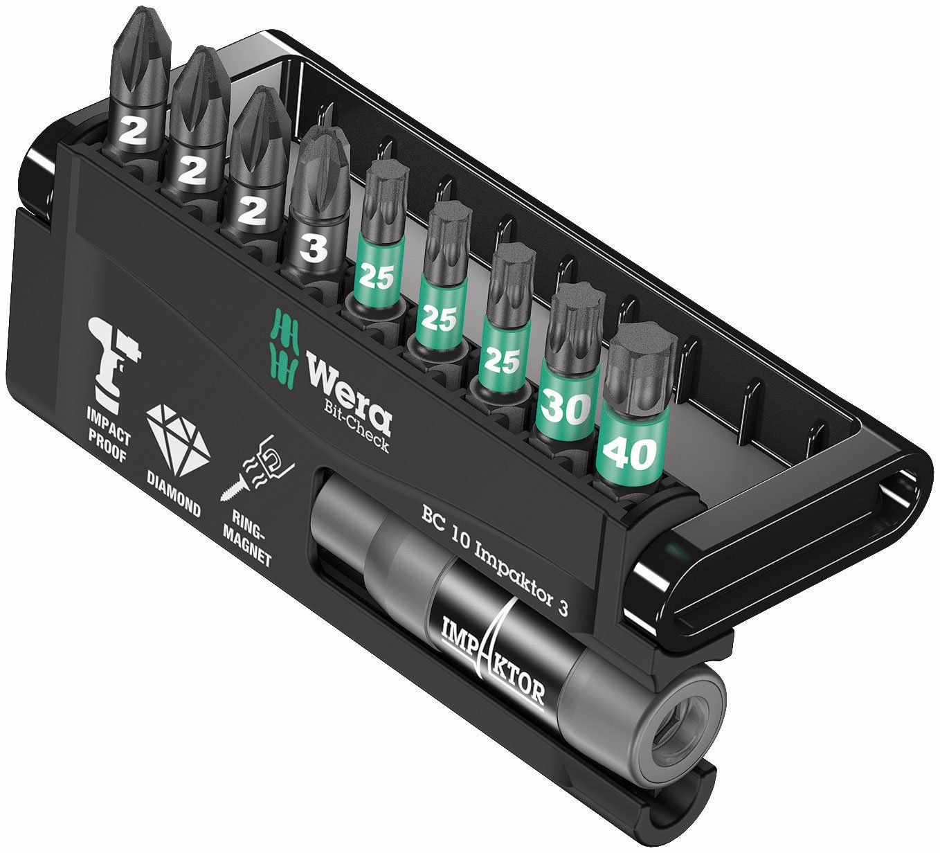 Wera Bit-Check 10 Impaktor 3 TriTorsion Long Life bit set for all impact drills, with Impaktor holder, PZ/TX, 10PC, 05057683001 — image 1