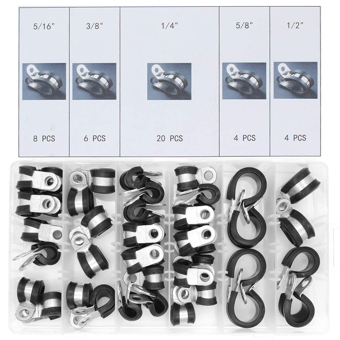 Yuhtech 42 Pcs Rubber Lined P Clips Zinc Plated Metal P Clips for Wire, Cable