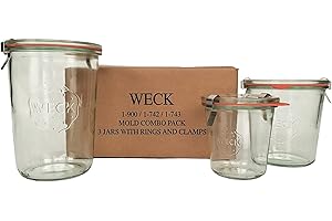 WECK Mold Jar Combo Pack- (1) 900, (1) 742, (1) 743, (3) glass lids, (3) rubber rings and (6) clamps