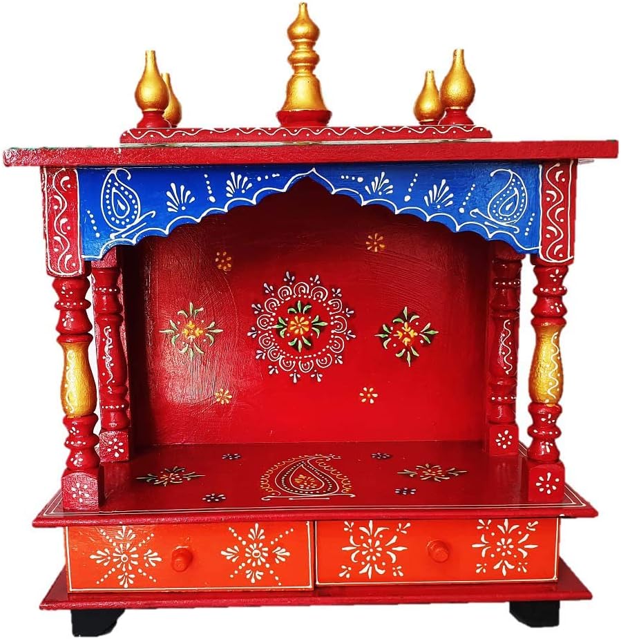 pranjals house Wood Home Temple (18 x 9 x 22 inch, Red & Blue)