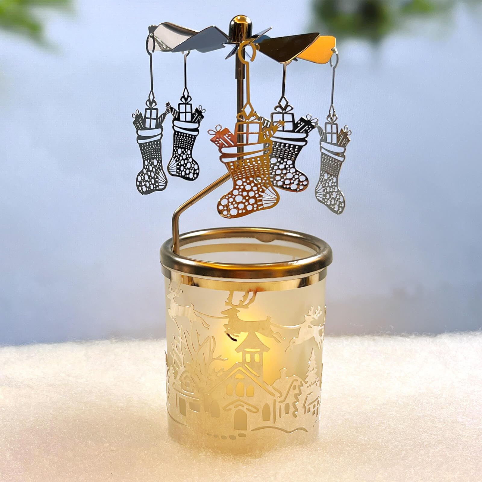 Rotating Candle Holders Spinning Tealight Holder Carousel Silver Reindeer Aroma Candleholders with Sliver Plated Christmas Decoration for Home, Spa, Gift for Mom Wife Birthday-6 ¼ Inch Tall… (RT-G01)