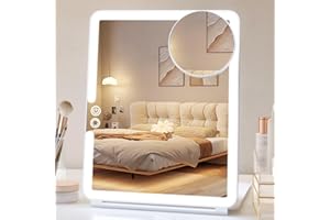 FUNTOUCH 1800mAh Rechargeable Large Travel Makeup Mirror with Lights, 10x7.5 Portable Lighted Makeup Mirror with 3 Color Lights, Dimming Folding Light Up Travel Mirrors with 10X Magnifying Mirror