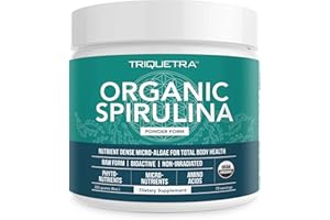 TRIQUETRA HEALTH Organic Spirulina Powder – Made with Parry® Spirulina, Known for Superior Purity and Nutrient Density – Vegan Farming – Non-Irradiated – Blue-Green Algae Superfood Supplement – 75 Servings – 8 oz