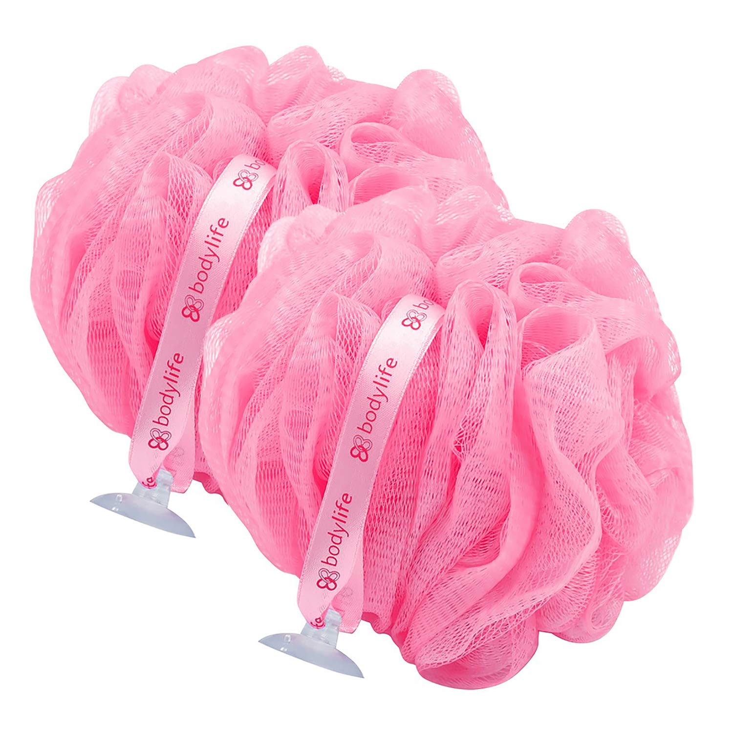 Bodylife Body Buffer, Puff, Exfoliating Bath & Shower Body Pouf, Scrunchie, Body Scrubber Flamingo Pink 55g Twin Pack