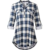 MONNURO Womens Plus Size Shirts 3/4 Sleeve Plaid Business Casual Tunic Tops Button Down Work Blouses Dressy