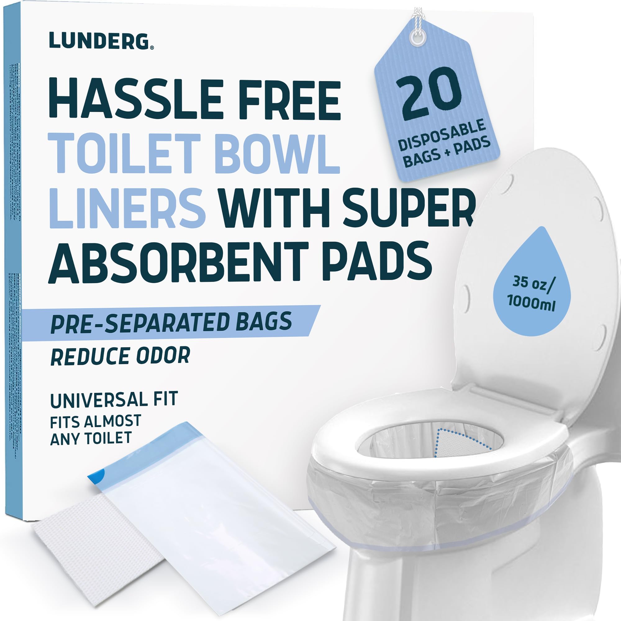 Lunderg Toilet Liners with Super Absorbent Pads - Value Pack 20 Count Universal Fit - Disposable Toilet Bags to Convert any Home, Boat or Camping WC into a Dry Flush - Emergency must have