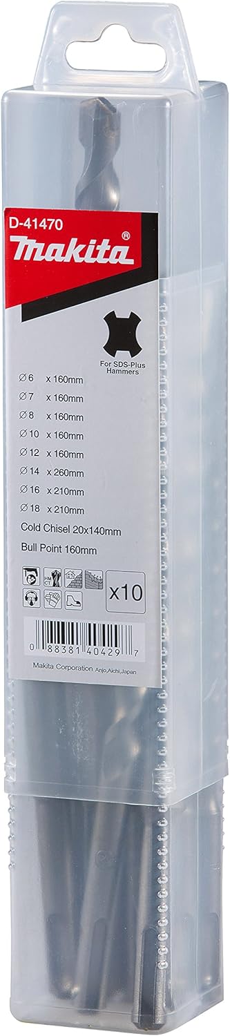 Makita SDS + Drill/Chisel Set - 10 Pieces of 41470, Multicoloured, 76x533 mm