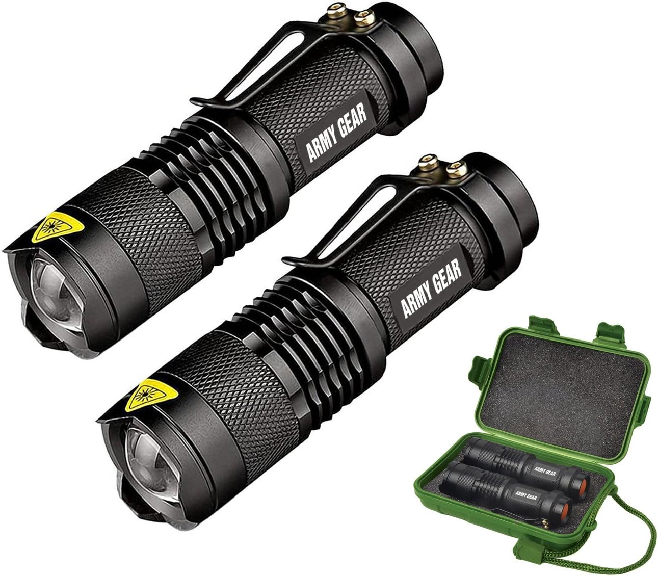 Army Gear Tactical (2-Pack) - Mini Ultra Bright 8W Tactical Military Flashlights - Lightweight & Indestructable - 3 Modes w/Adjustable Zoom - 1 Mile Range - Self Defense Mode