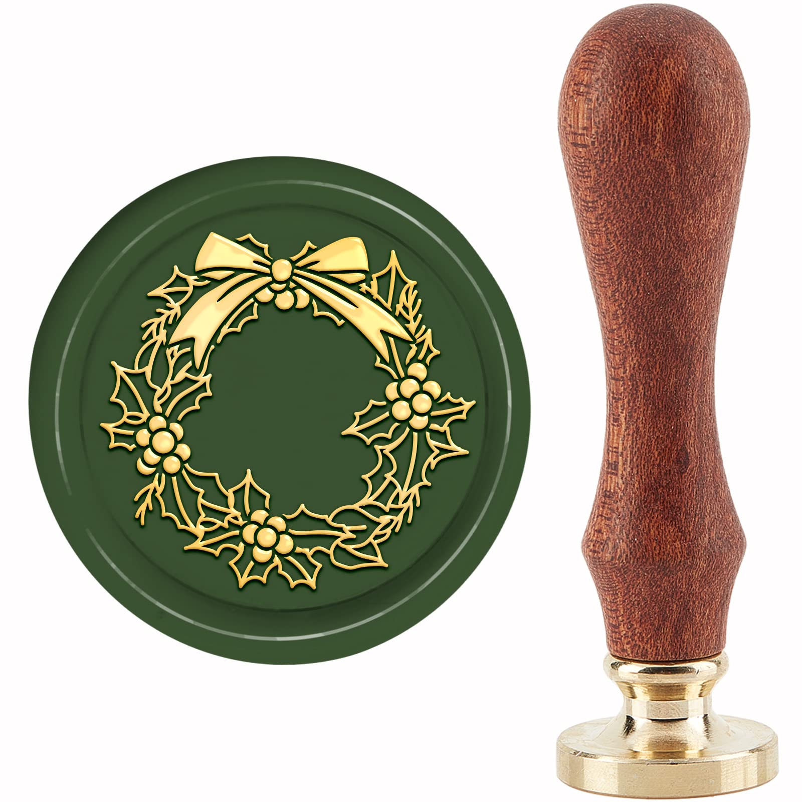 CRASPIRE Holly Wreath Christmas Wax Seal Stamp Pine Cones Mistletoe Sealing Stamp X'MAS EVE 30mm/1.18inch Removable Brass Head with Wooden Handle Invitations Greeting Cards Wrap