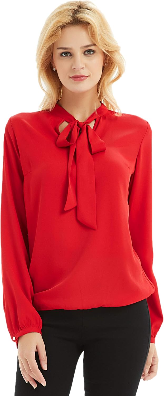 Basic Model Tie Neck Blouses for Women Cap/Long Sleeve V Neck Chiffon Tops Solid/Polka Dot Office Work Shirts