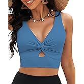 GRAPENT Bikini Tops for Women Cropped StrapCore Tankini Tops Beach Padded Knot Twist Cut Out Adjustable Swimwear Top Only