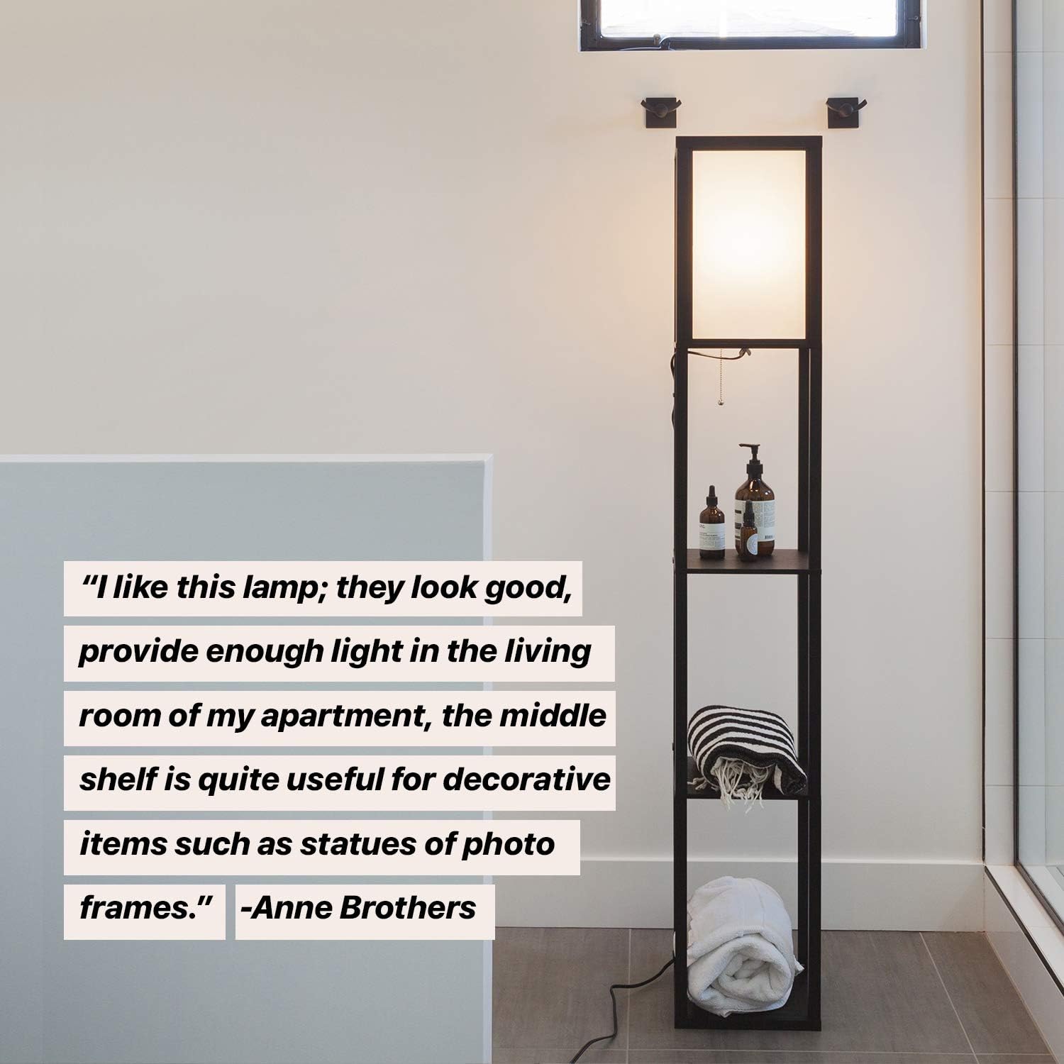 Brightech Maxwell - Modern LED Shelf Floor Lamp - Skinny End Table & Nightstand for Bedroom - Combo Narrow Side Table with Standing Accent Light Attached - Asian Tower Book Shelves - Black - - 