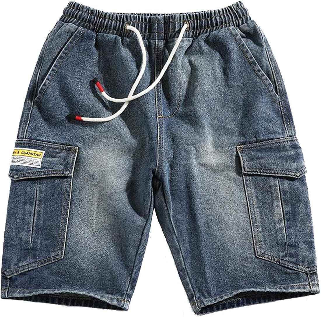 HZCX FASHION Men's MultiPockets Elastic Waist Above Knee Cargo Denim Shorts Amazon.co.uk Clothing