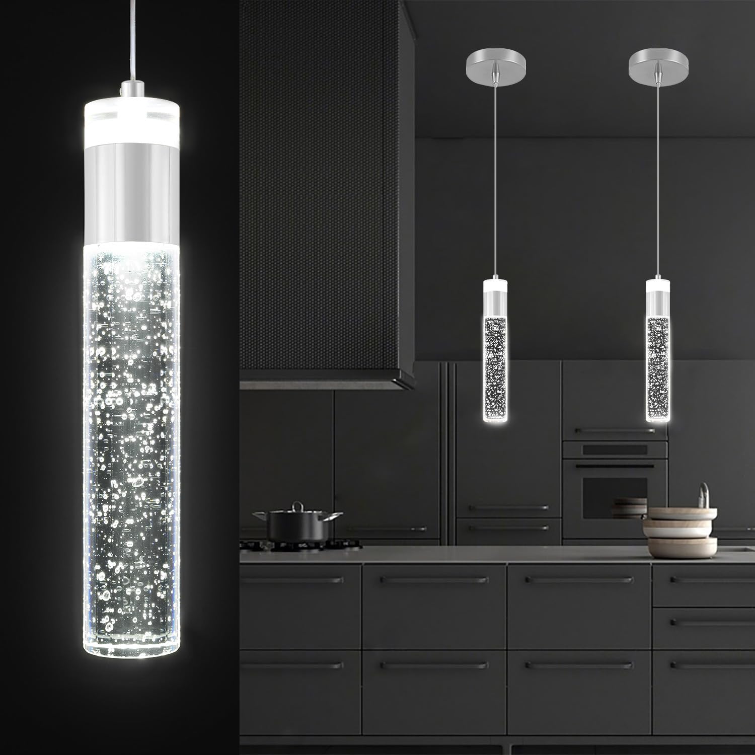 Photo 1 of Modern LED Chrome Crystal Pendant Light Kitchen Island, Bedroom Bedside Hanging Ceiling Lamp with Crystal Bubble Column, Dimmable 3000k-6000k 1-Light Independent