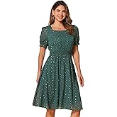 Allegra K Square Neck Dress for Women Metallic Stars Ruffle Short Sleeve Elastic Waist A-Line Midi Dresses
