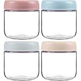 MOLADRI 4 Pack Glass Clear Storage Canister with Airtight Lid, 12oz Overnight Oats Containers, Small Cute Decorative Pantry Jar for Snacks, Yogurt, Cereal, Fruit, Salad, Spice, Sugar, Coffee, Tea
