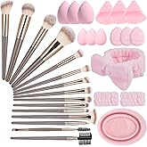 31PCS Professional Makeup Brush Set, 15 Premium Synthetic Brushes with 6 Makeup Sponges, 6 Powder Puffs, Spa Headband & Foldable Cleaning Basin, Complete Beauty Kit for Face Eye, Gift Set