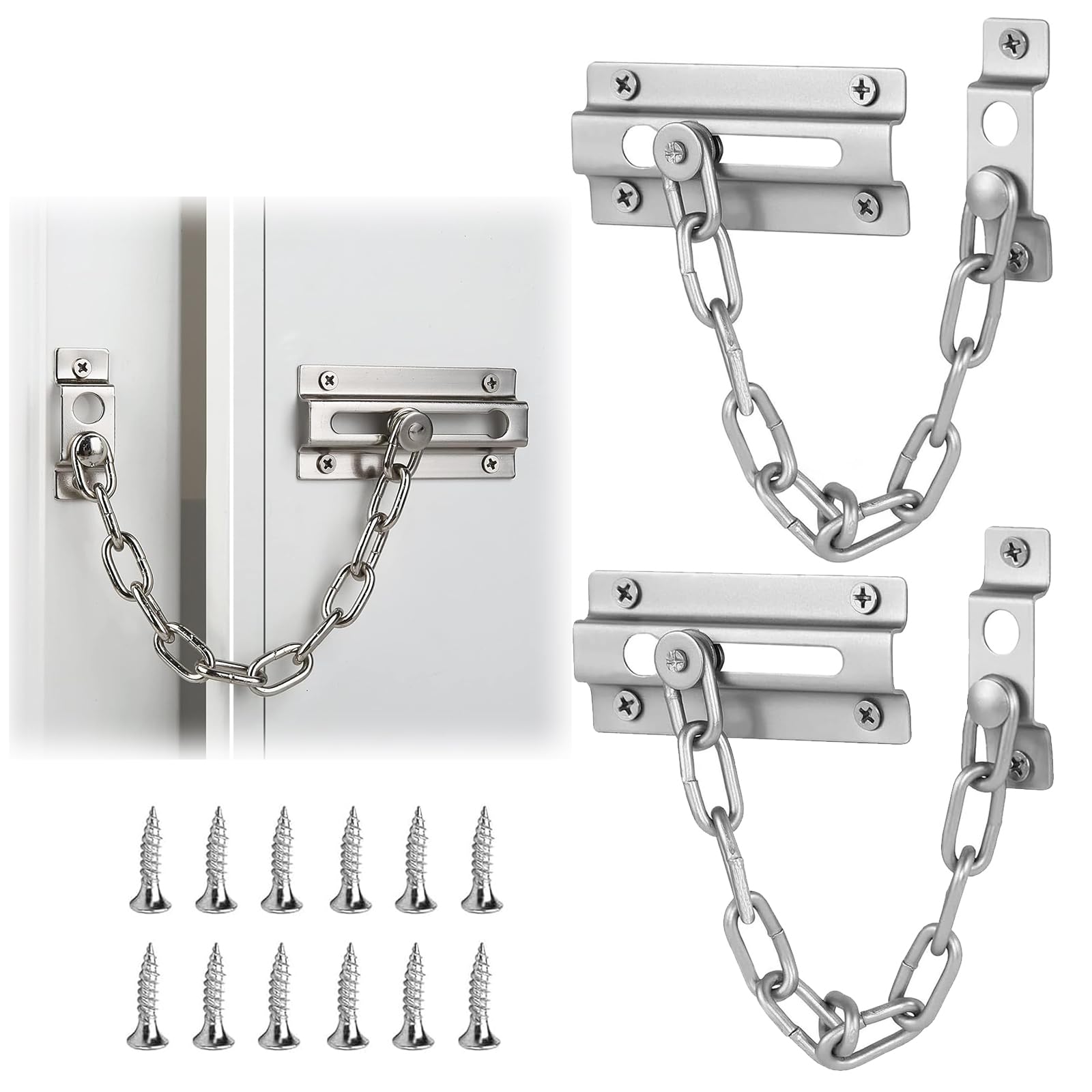 2 Pcs Door Chain, Door Lock, Door Chains for Front Door, Internal Door Lock, Door Chain Lock for Child Proof Latch Lock, Additional Privacy and Security for Home(Silver)