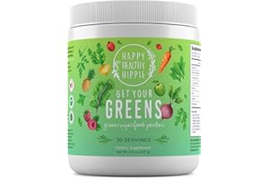 HAPPY HEALTHY HIPPIE Get Your Greens Super Greens Powder – Powerful Servings of 10 [Green Juice Blend], 8 Superfood Antioxidants, 6 Key Enzymes, 10 Billion Probiotics – Delicious, Non-GMO, Sugar Free, Easy to Mix