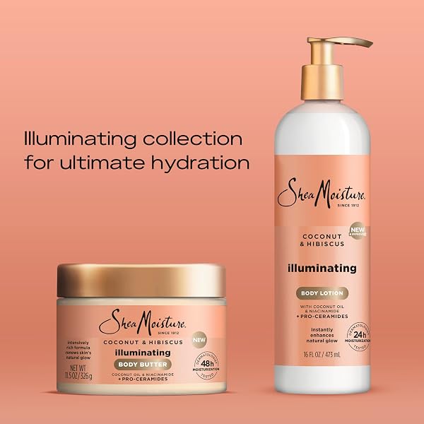 SHEAMOISTURE ILLUMINATING BODY LOTION WITH COCONUT OIL, HIBISCUS, NIACINAMIDE AND PRO-CERAMIDES, INSTANTLY ENHANCING SKIN’S NATURAL GLOW, 24H MOISTURIZING 16 OZ