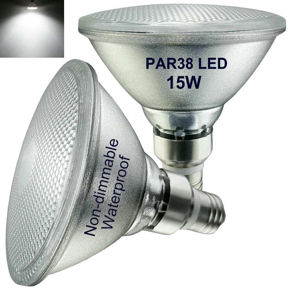 NON 2 Pack,Full Glass PAR38 LED Bulbs,15W,Daylight/Cool White Light 6000K,Indoor/Outdoor Use,Waterproof,AC220-240V,LED PAR38 Floodlight(120W-150W Traditional Lamp Eqivalent)