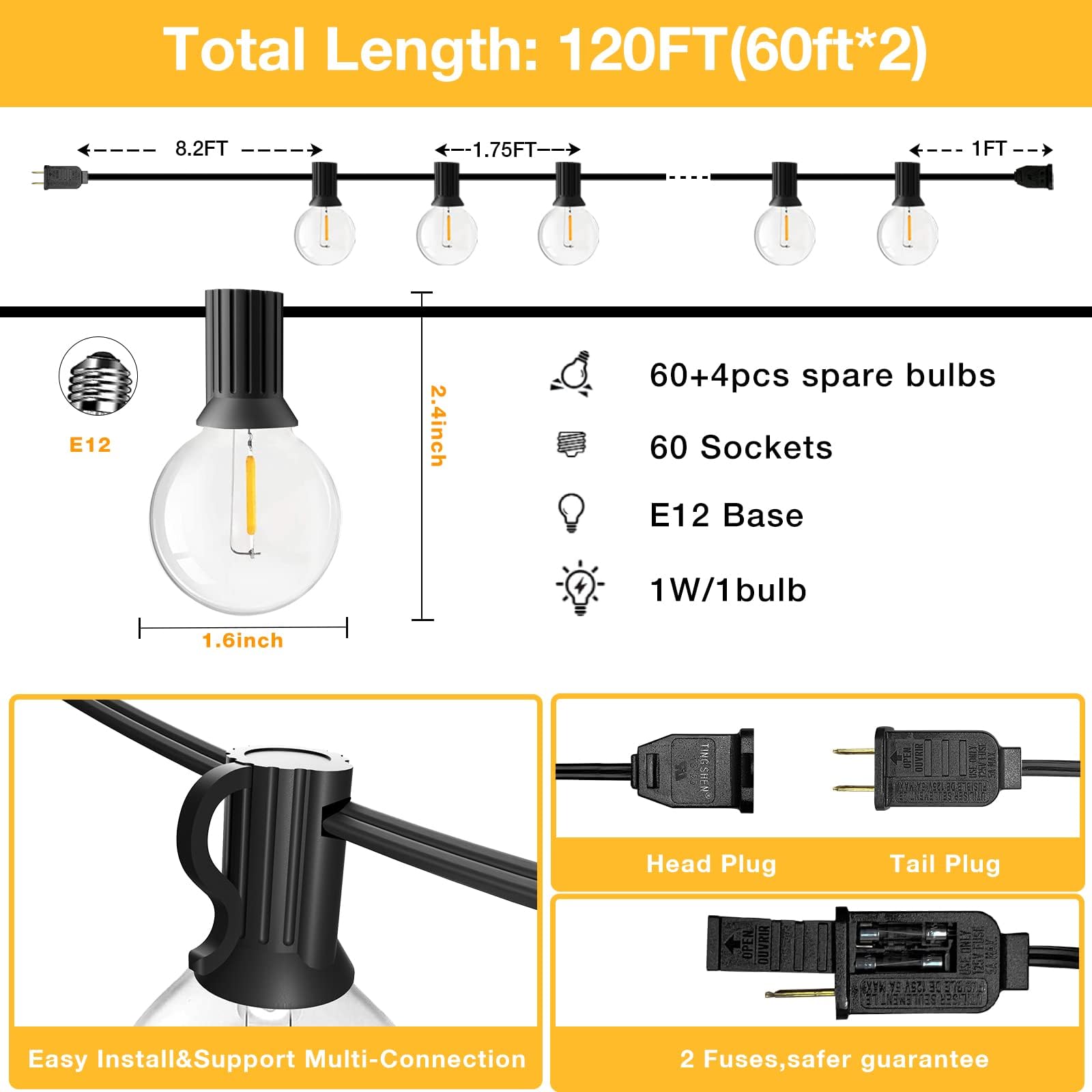 GLUROO 120FT Outdoor String Lights, G40 LED Patio Lights with 64pcs Bulbs, Waterproof Shatterproof Dimmable Globe Hanging Outdoor Cafe Bistro Porch Outside Light, 2Packs * 60ft