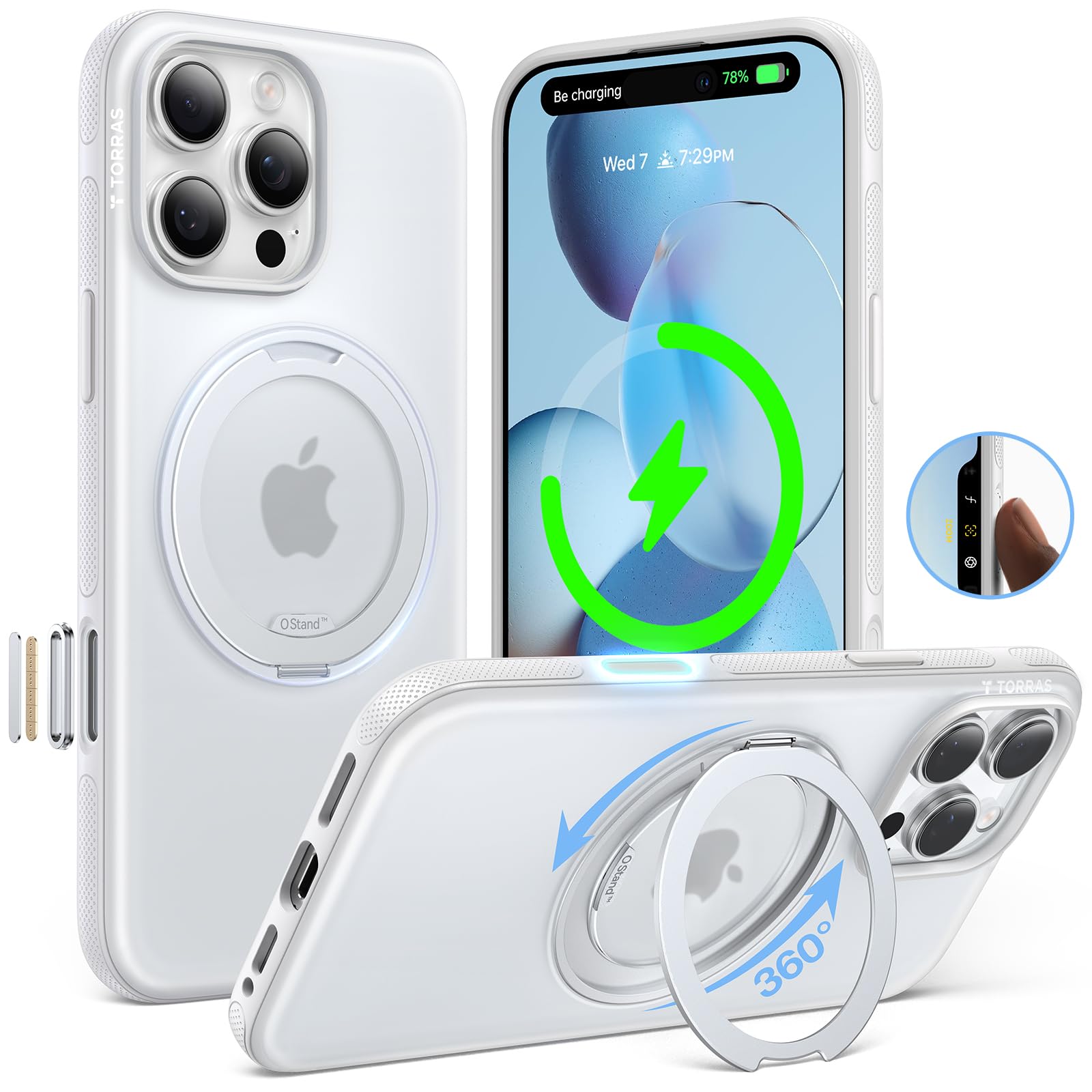 Photo 1 of TORRAS O3 Fitness for iPhone 16 Pro Case Magnetic Stand, Fit for MagSafe, 360 Rotatable Stable Stand, Camera Control Button, Military-Grade Shockproof, Slim & Sleek, Glacier White Translucent