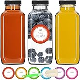 STARSIDE 16 oz Glass Juice Bottles with Lids 3 Pack - Square Reusable Drinking Jars for Juicing, Milk, Kombucha - Includes 1 Bottle Brush, 6 Colored Labels