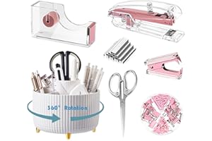Gawsey Desk Organizers and Accessories 7Pcs Set with 360-Degree Rotating Pen Holder, Acrylic Stapler, Tape Holder, Staple Remover, Binder/Paper Clips Kit, Scissor and 1 Box of Staples