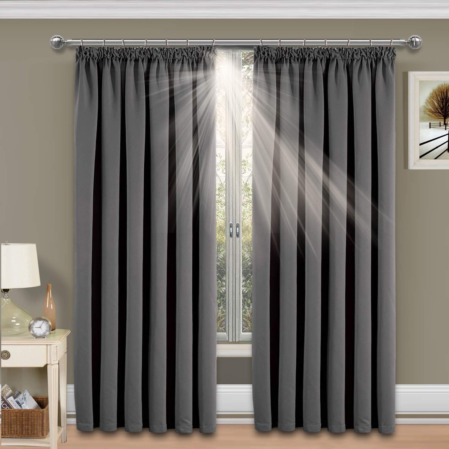 Imperial Rooms Blackout Pleated Curtains Pair of thermal insulated Readymade (Grey / 90 x 108) Tape Top for Drawing room darkening with Two Tie Backs