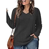ROSRISS Plus-Size-Long-Sleeve-Tops for women Dressy V Neck Shirts Casual Ribbed Knit Tees Lightweight Tunic Sweaters