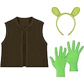 Mepase 3 Pcs Halloween Ogre Cosplay for Adult Green Man Costume Ogre Ears Gloves Brown Vest for Halloween Cosplay Party Favor