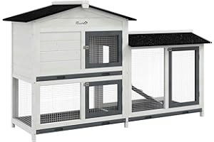 PawHut 62" Rabbit Hutch, Wooden Bunny Hutch, Guinea Pig Cage, Small Animal Enclosure with Run Area, Removable Tray, Asphalt Roof, Lockable Doors and Ramp, for Rabbits, Chickens, Ducks, White