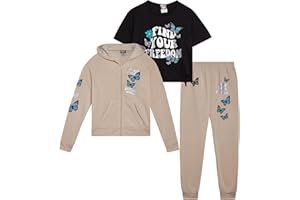 ELLA IN PINK Girls Pants Set - 3 Piece Soft Fleece Girls Zip Up Hoodie, Graphic Tee & Jogger Sweatpants Outfit (Sizes 7-16)