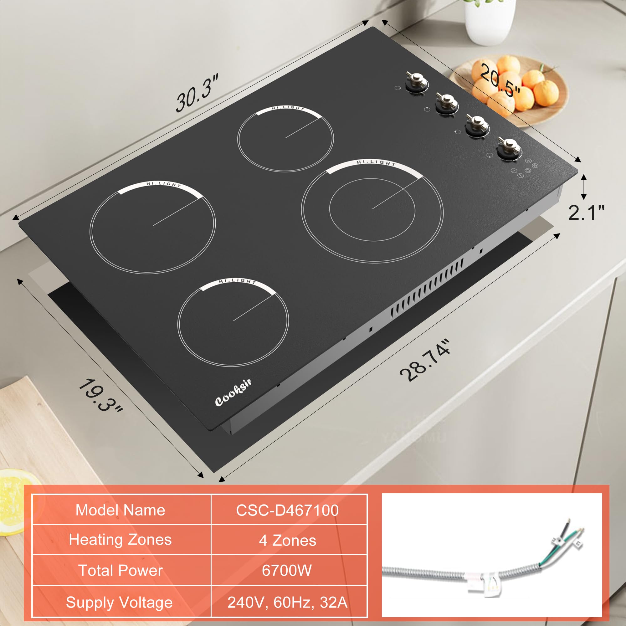 Cooksir 30 Inch Electric Cooktop - 4 Burner Built-in Glass Ceramic Stove Top 6700W, 240V Electric Cooktop Touch and Knob Control, Child Lock, Dual Ring, 99 Mins Timer, 220V Hard Wire(No Plug)