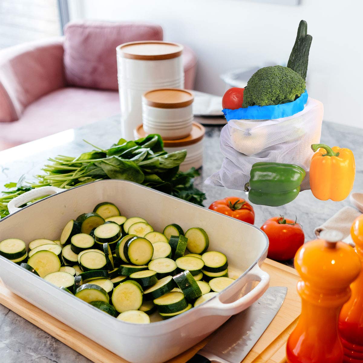 POWERbeast Reusable Grocery Bags Eco Friendly Washable Produce Mesh Bags with Drawstrings for Shopping & Storage Fruit Vegetable and Toys,Set of 12