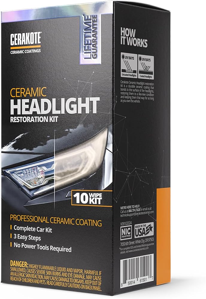 CERAKOTE® Ceramic Headlight Restoration Kit, No Power Tools, 10 Wipe Kit | Restores clouded, yellowed headlights, ceramic UV