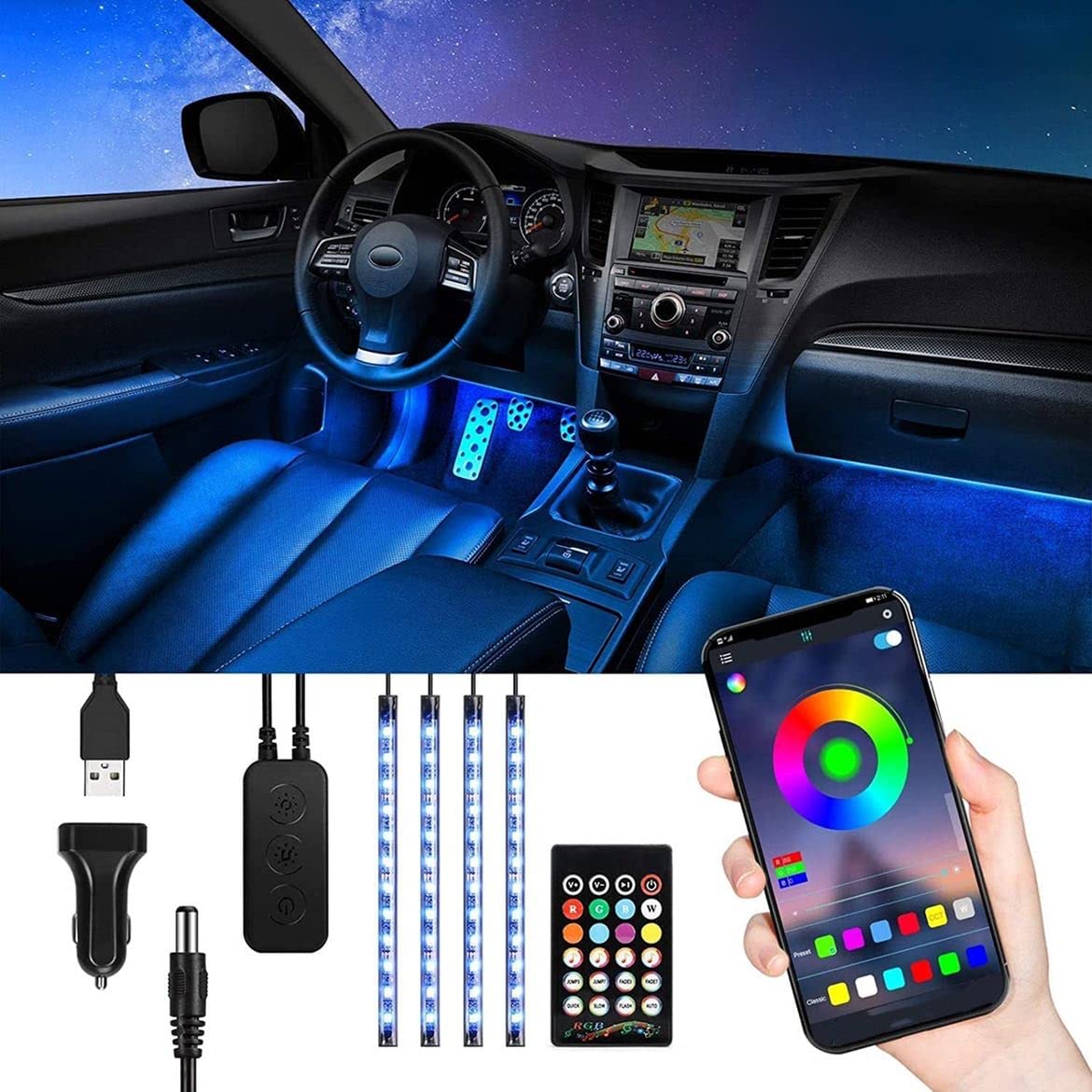 Tasmor LED Interior Lighting Car, USB Ambient Lighting with App, Waterproof Music RGB Atmosphere Light, 12 V 48 LED Strip with Cigarette Lighter