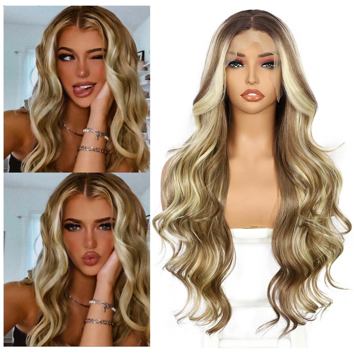 Sapphirewigs Highlight Blonde Lace Front Wig Synthetic 13x4 Body Wave Ombre Blonde Balayage Synthetic Lace Front Wigs Party Date Daily Wear Christmas Natural Looking 26 inch